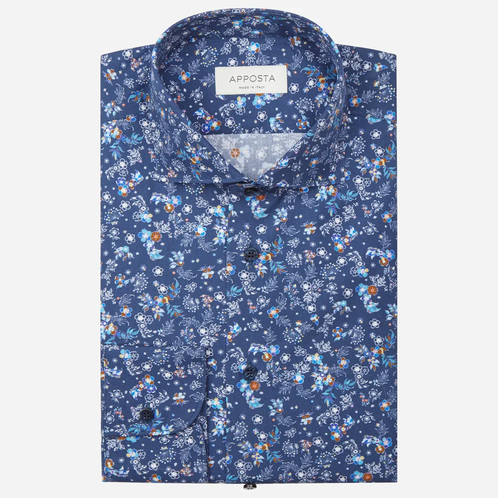 Customisable  Blue Cotton Poplin Flower Design Shirt, Made To Measure