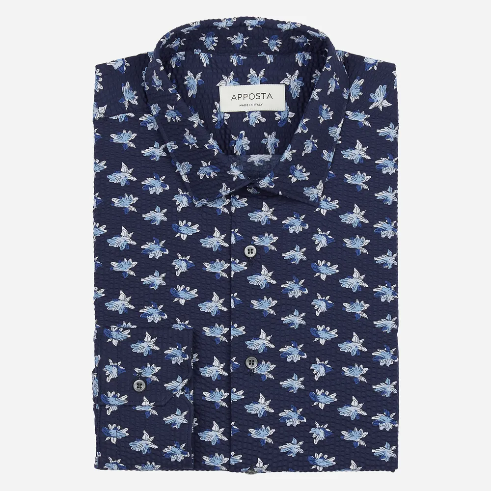 Customisable  Blue Cotton Seersucker Flower Design Shirt, Made To Measure