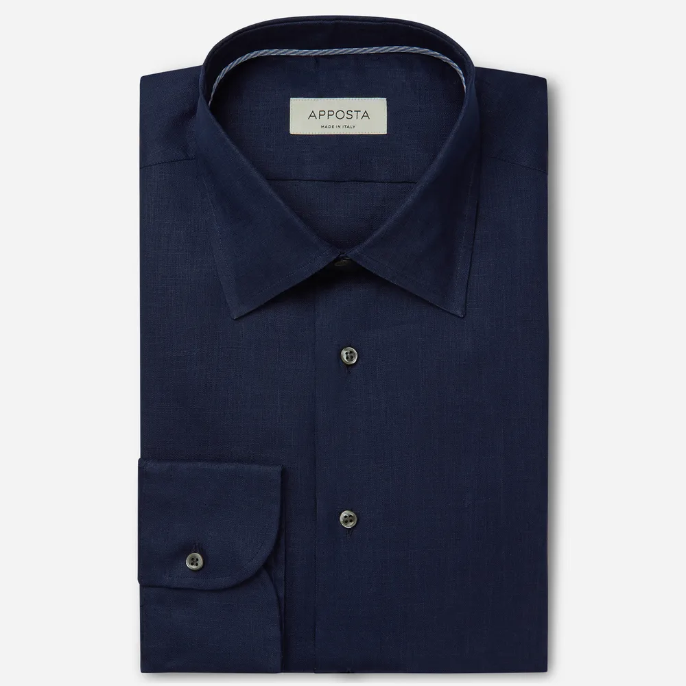 Customisable  Blue Low Straight Point Collar Linen Shirt, Made To Measure