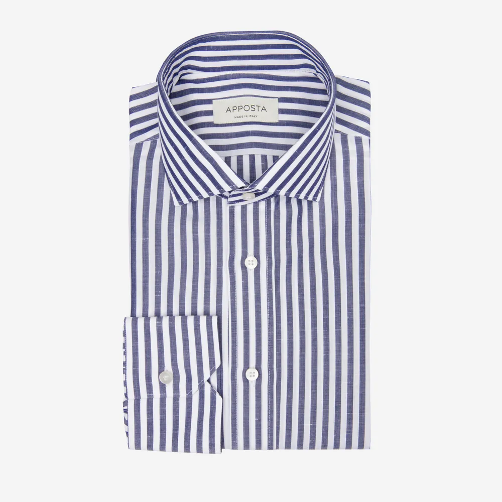 Customisable  Blue Untucked Cotton Linen Blend Stripe Shirt, Made To Measure