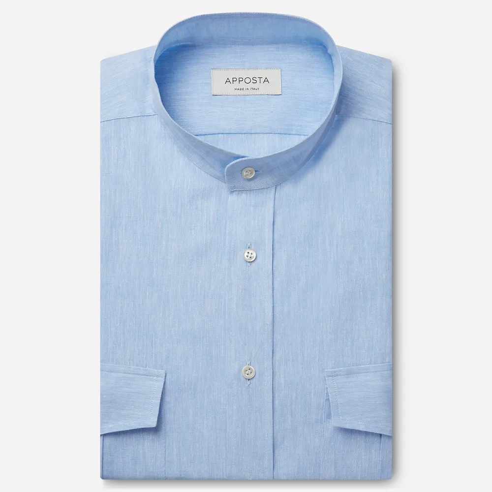 Customisable  Cyan Band Collar Linen Shirt, Made To Measure