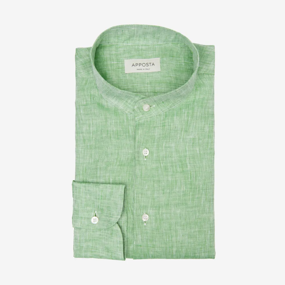 Customisable  Green Band Collar Linen Shirt, Made To Measure