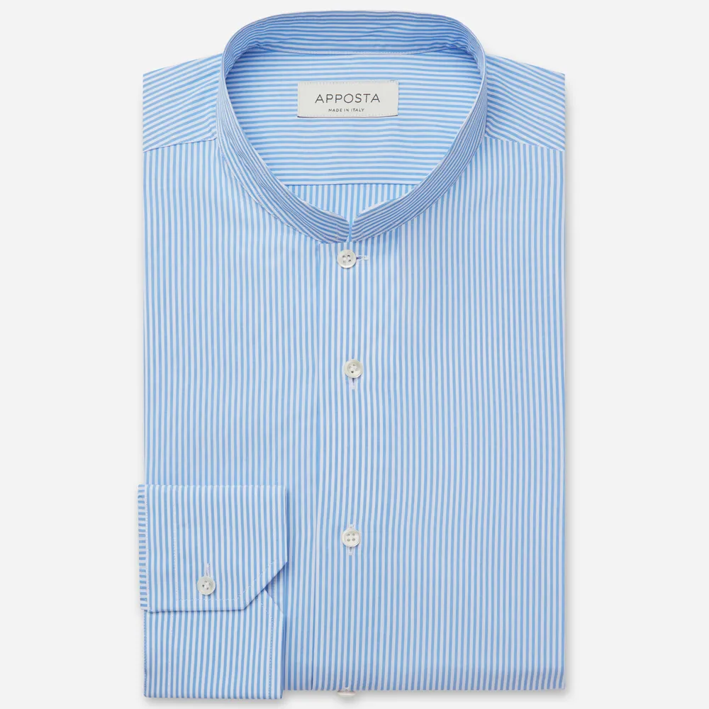 Customisable  Light Blue Band Collar Cotton Poplin Stripe Shirt, Made To Measure