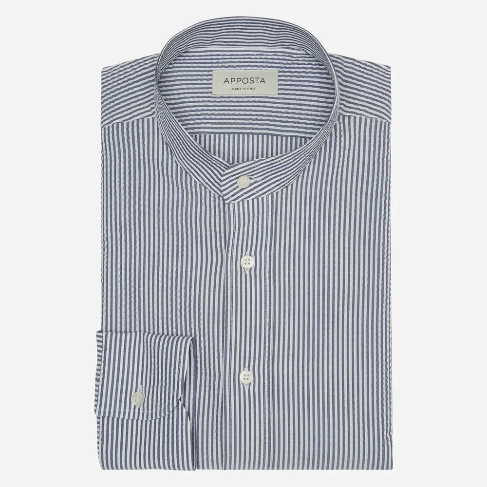 Shirt Striped Navy Blue Cotton Seersucker, Collar Style Band Collar