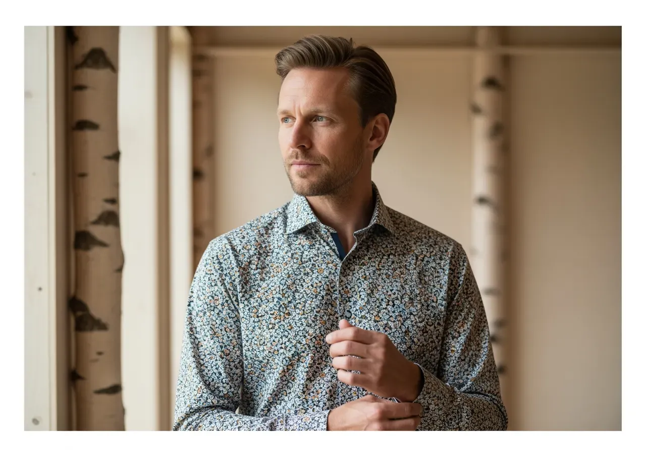 Person bär blommig poplinskjorta