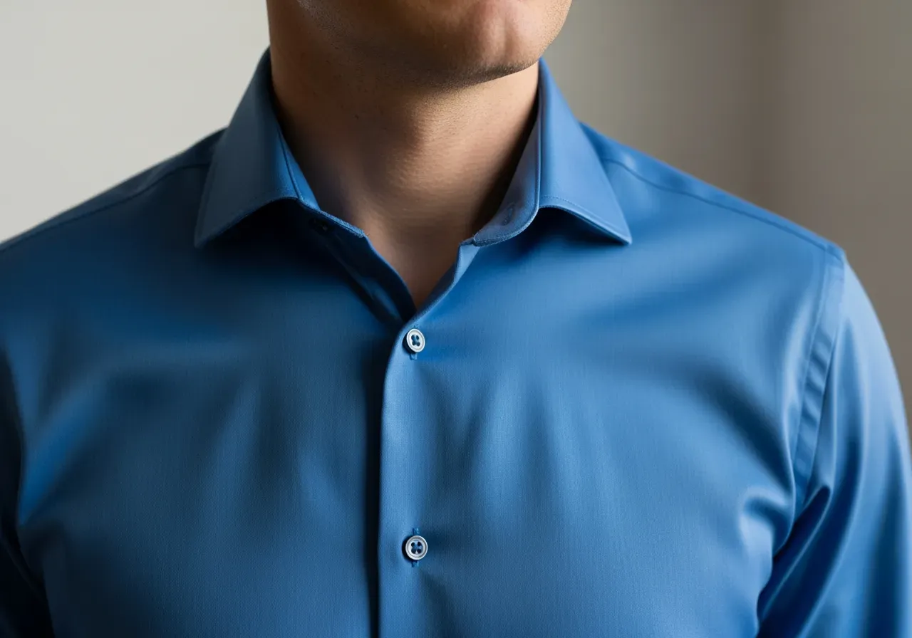 Blå skrynkelfri skjorta mot huden