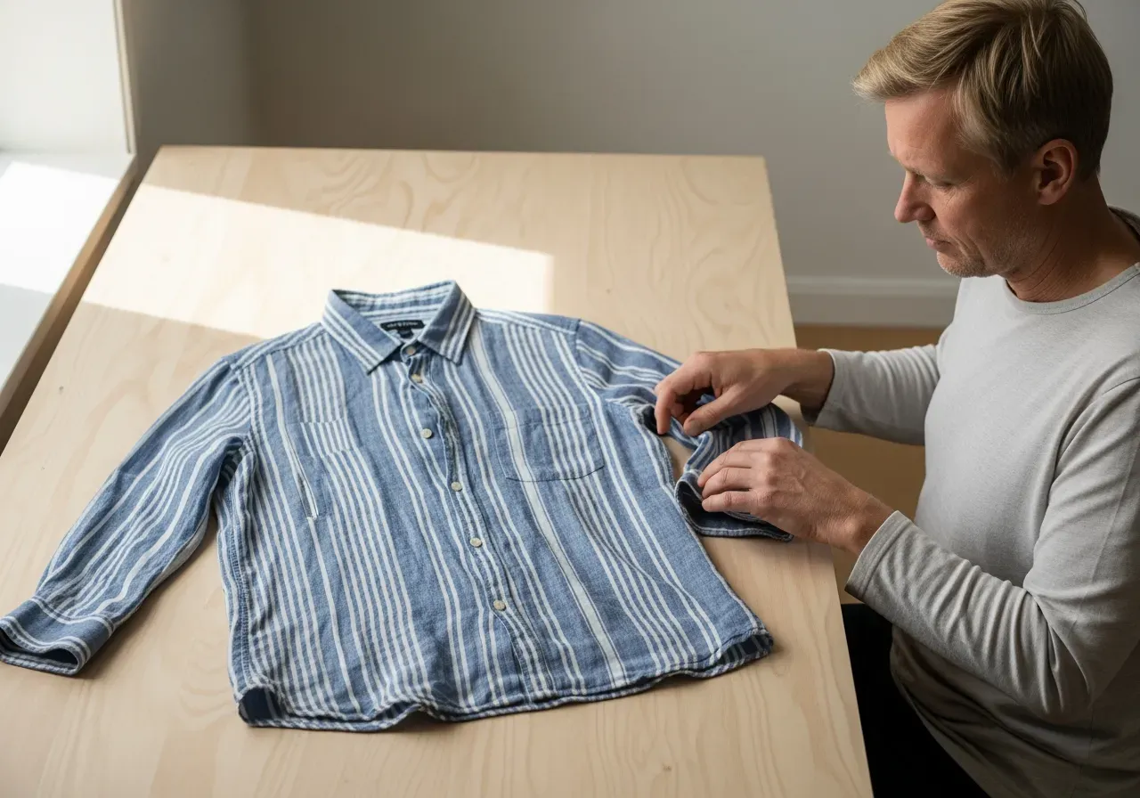 Blå randig linneskjorta och krympning