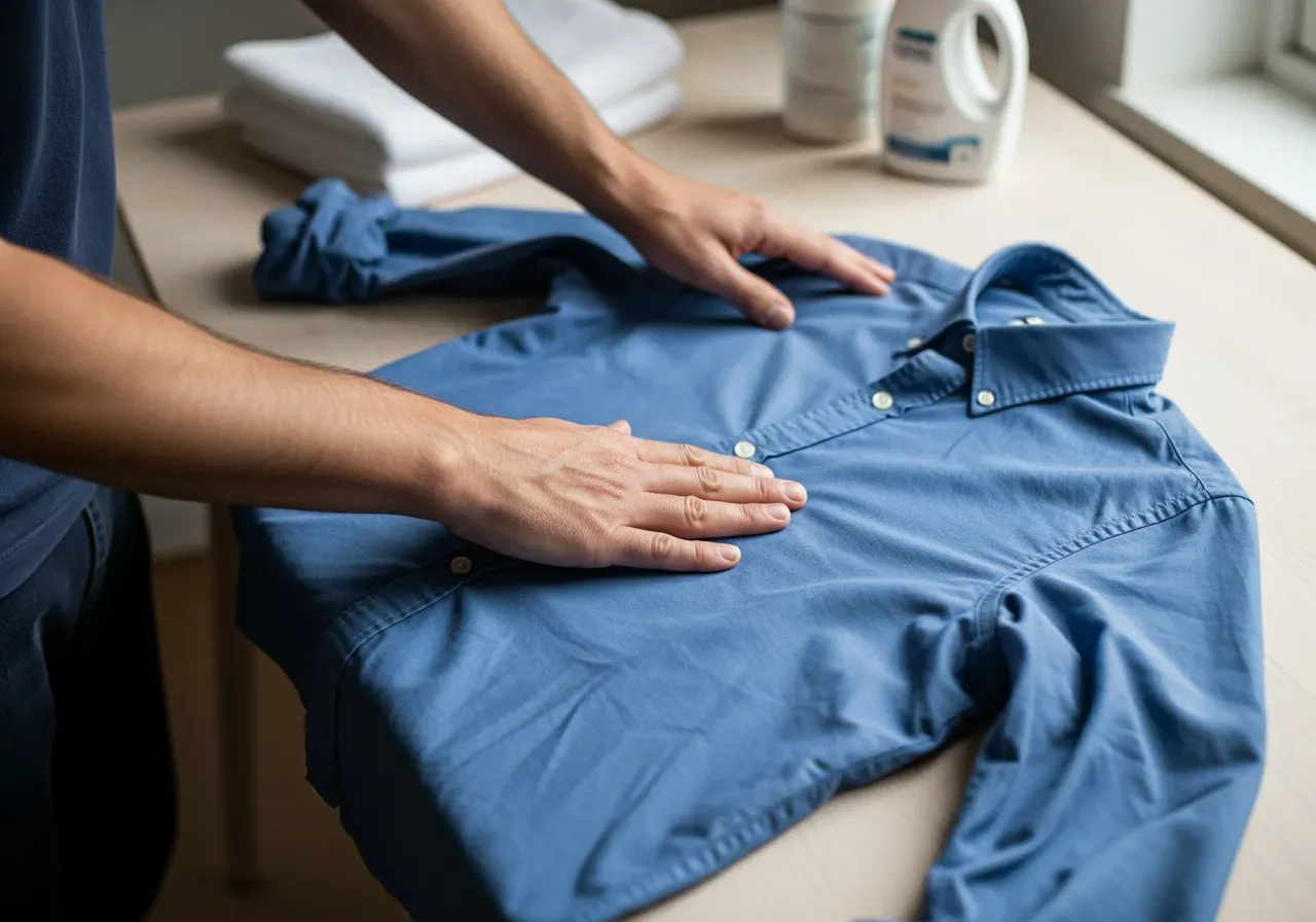 Krympning och skötsel för blå poplin