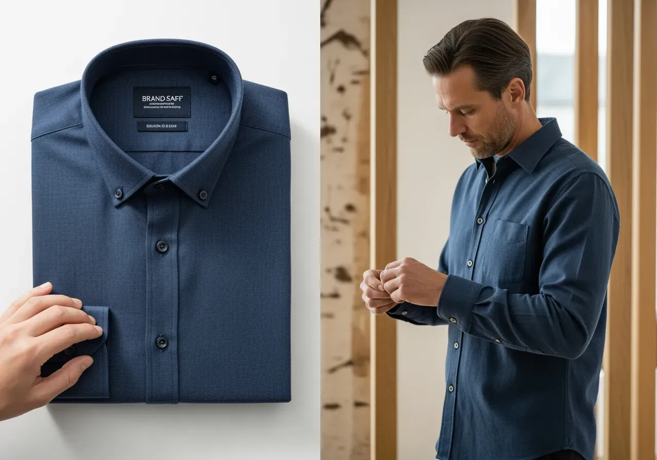 Marinblå oxfordskjorta vävstruktur guide