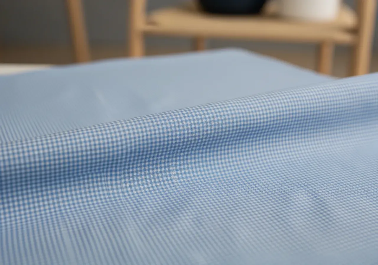 Ljusblå smårutig bomullspoplin tygkänsla