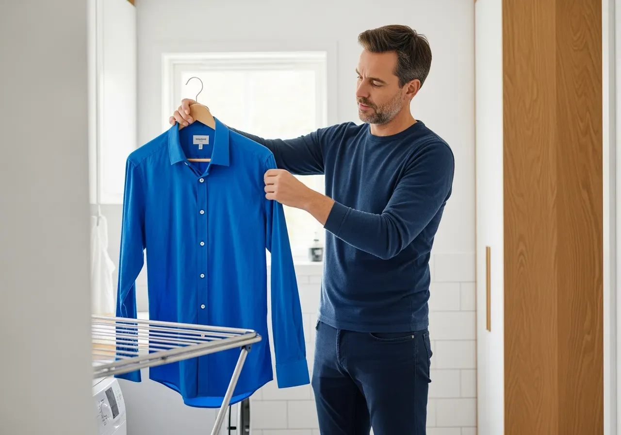 Blå oxfordskjorta och färgfasthet