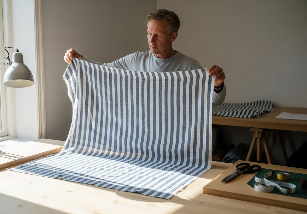 Blått randigt normandiskt linnetyg för skjortor