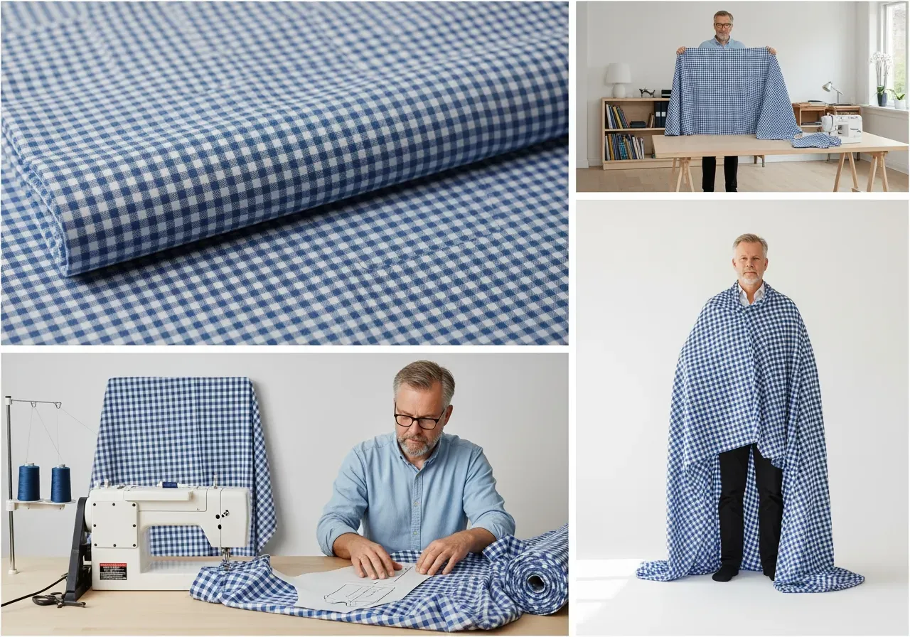 Blå rutig bomullspoplin för skjortor