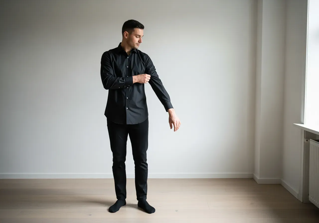 Person provar svart poplinskjorta