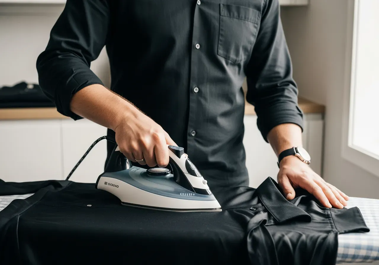 Person stryker svart silkeskjorta varsamt