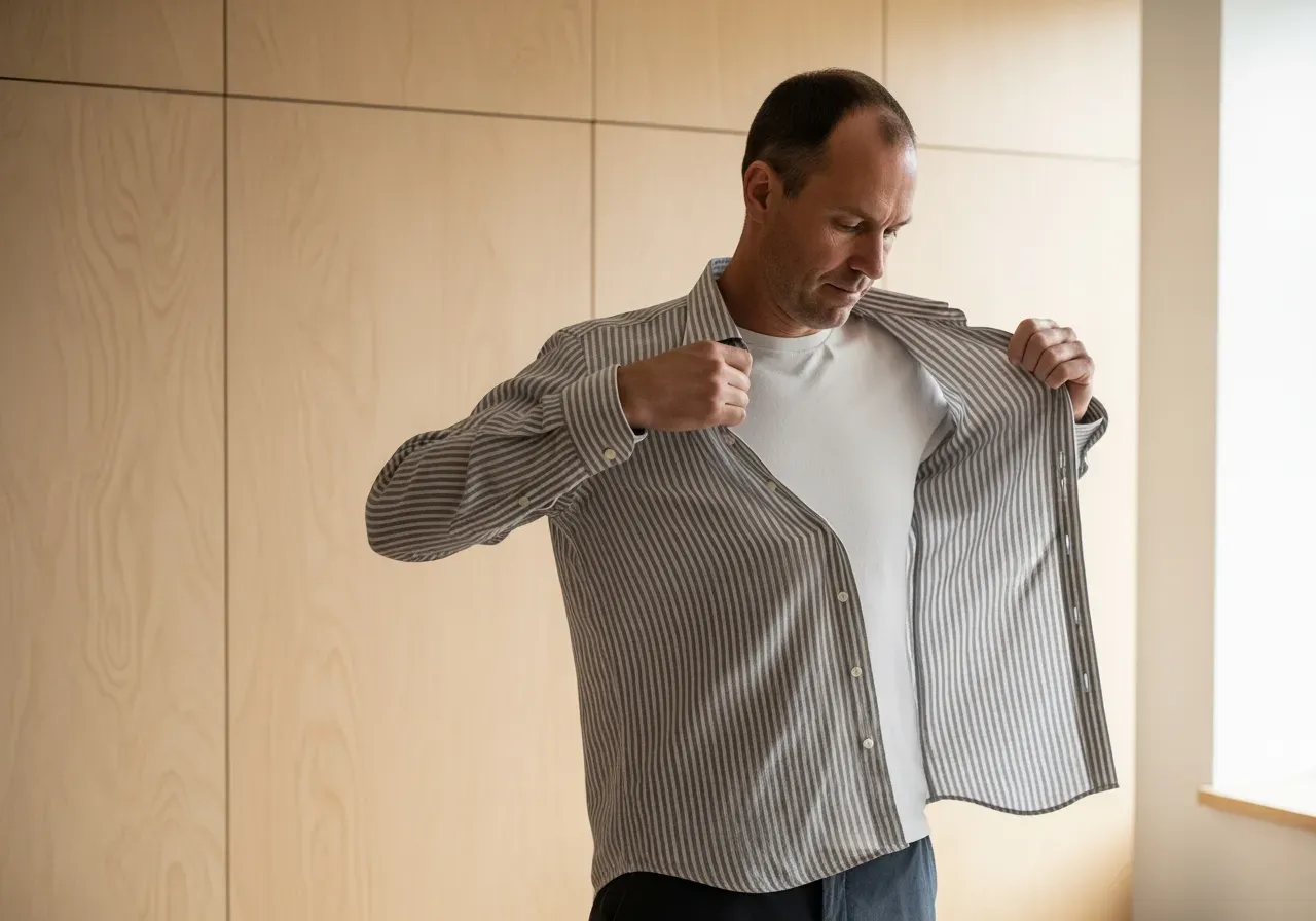 Person provar randig skjorta i bomull lin