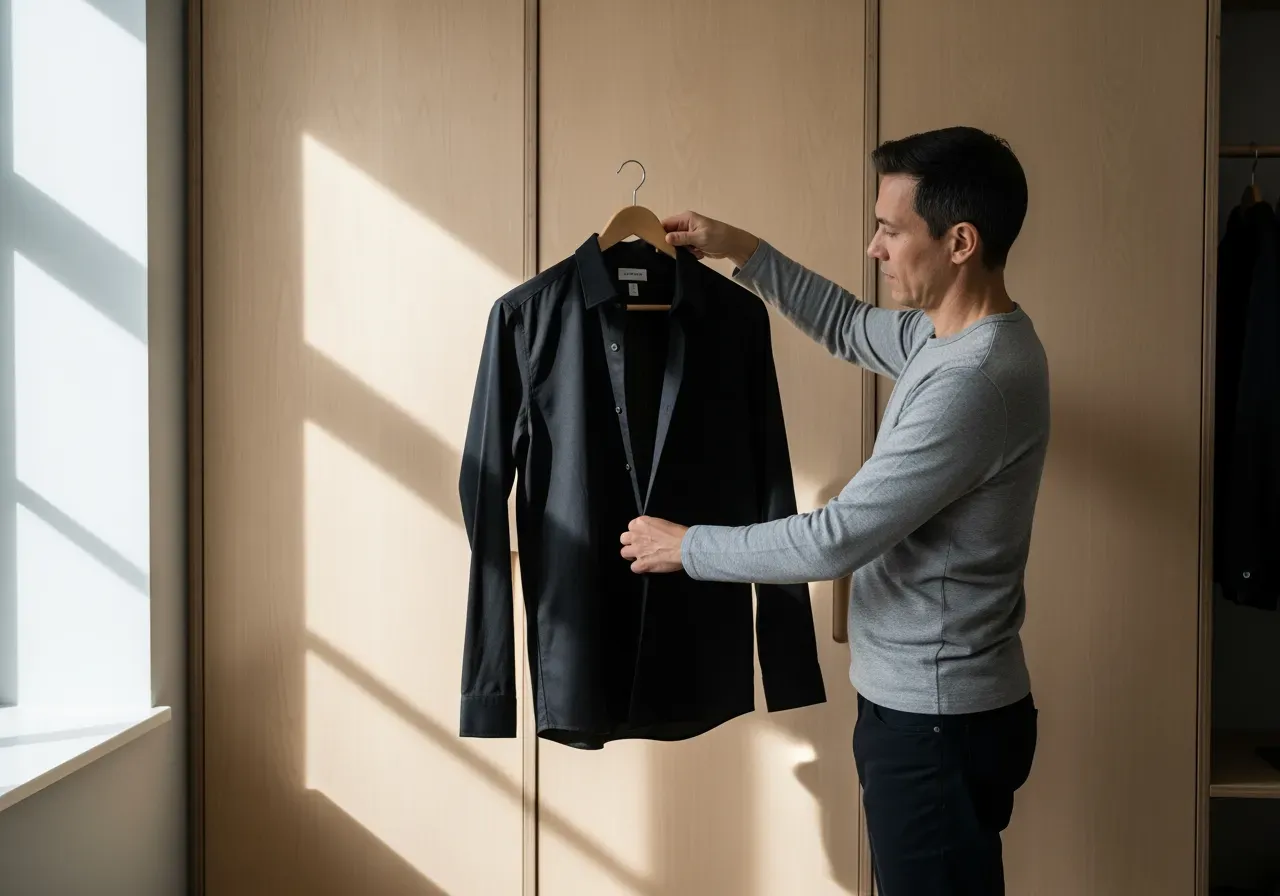 Person hänger svart skjorta i twill