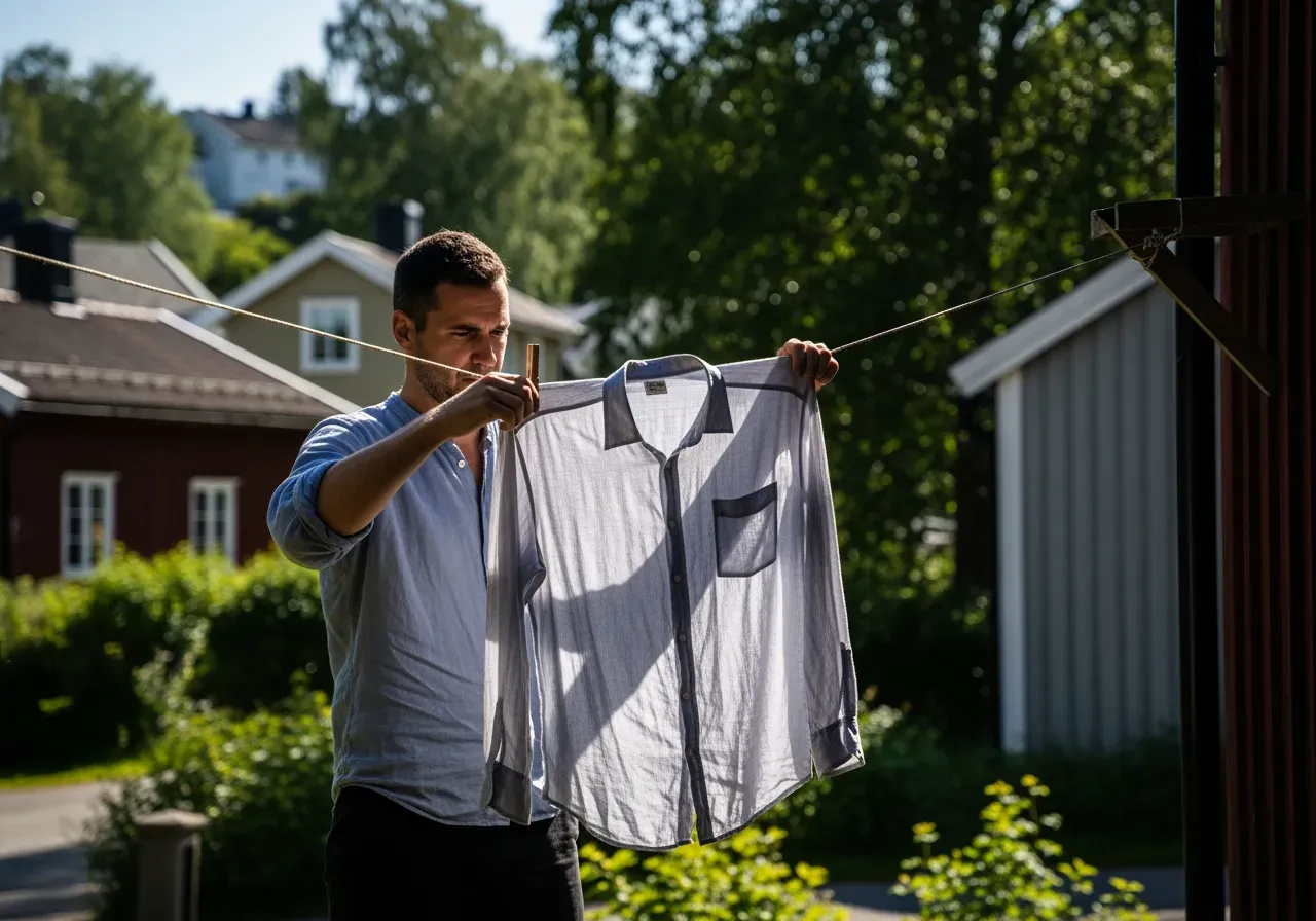 Person hänger fuktig linneskjorta