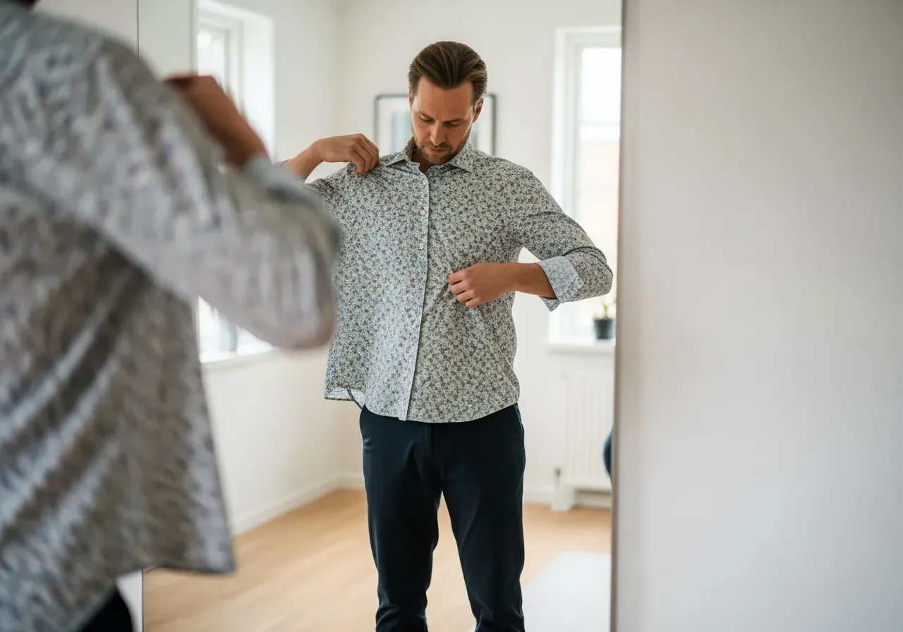 Han provar blommig poplinskjorta