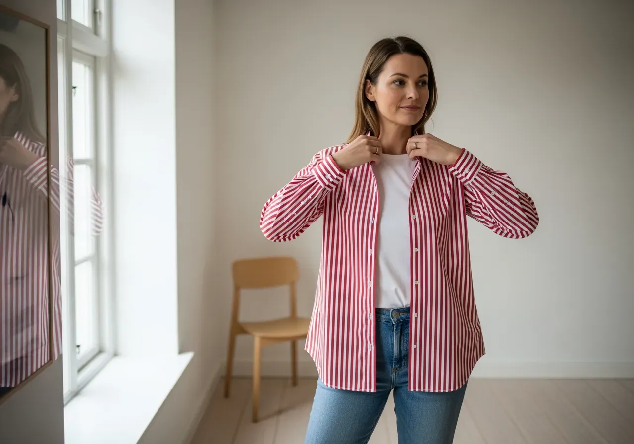 Hon provar röd randig poplinskjorta
