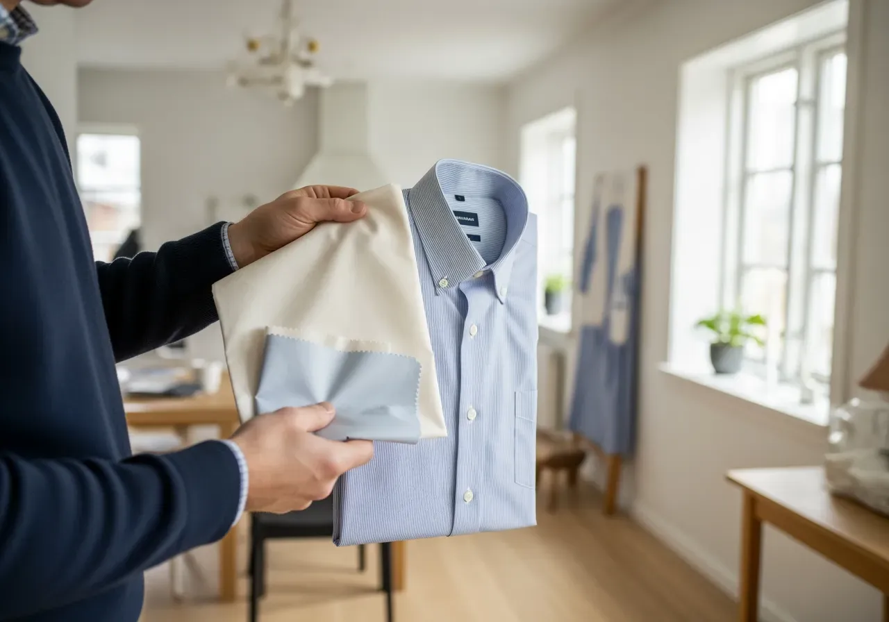 Person jämför poplintyg och oxfordskjorta