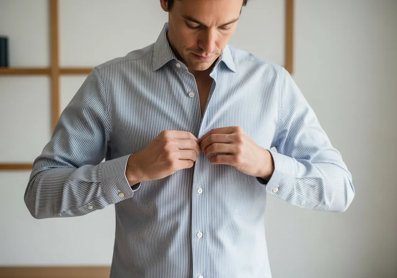 Person knäpper randig skjorta i poplin