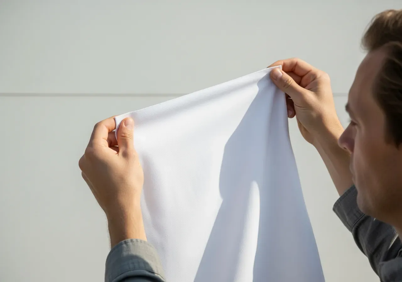 Person jämför vit twill skjorttyg mot ljus