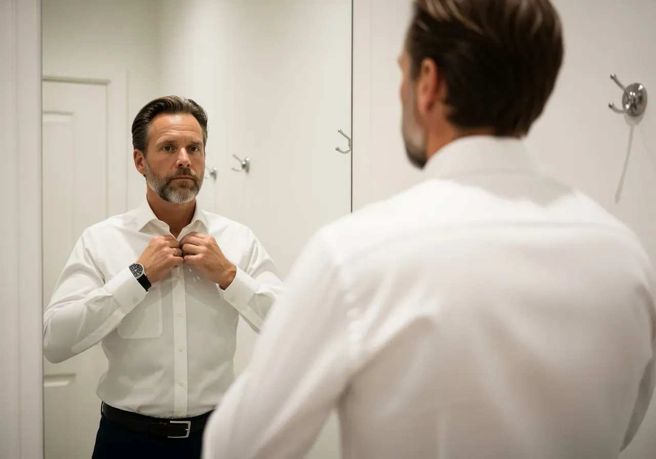 Han provar vit poplinskjorta