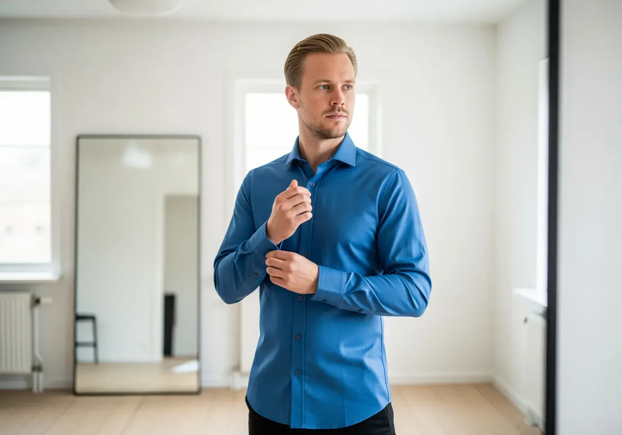 Han provar blå twillskjorta med lyster