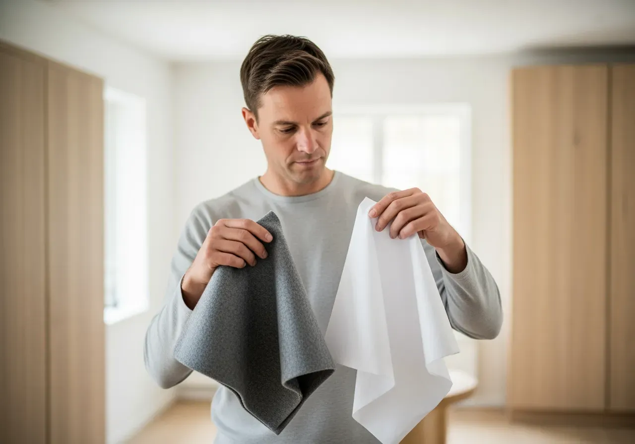 Person jämför skjorttyg i flanell och poplin