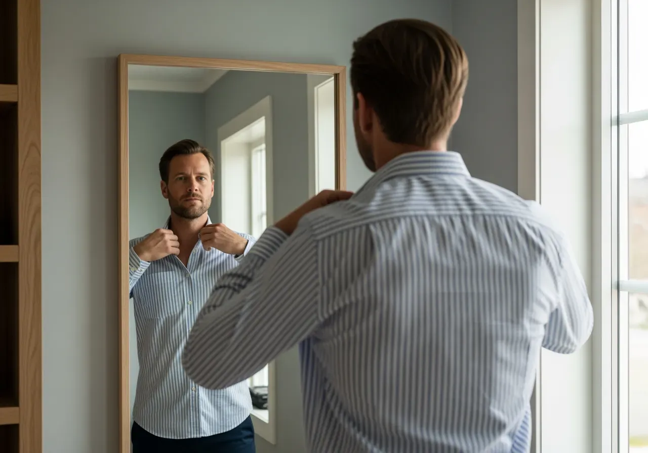 Person provar randig skjorta i poplin