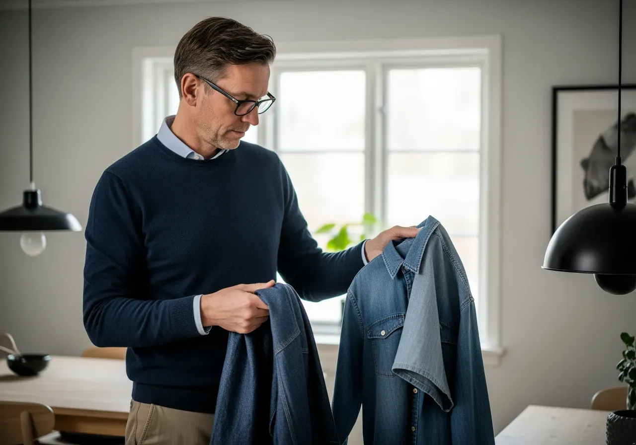 Person jämför skjorttyg i denim