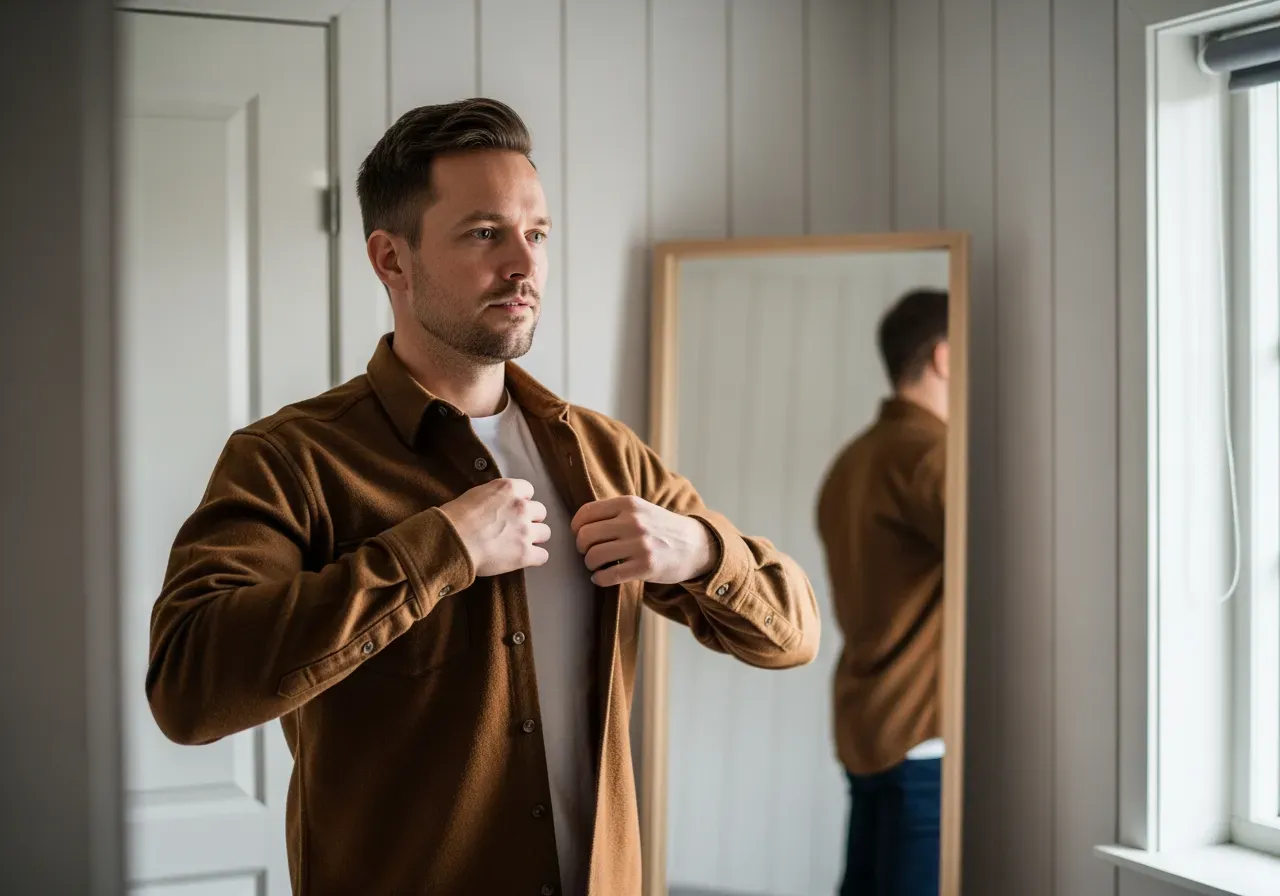 Han provar brun flanell oxfordskjorta