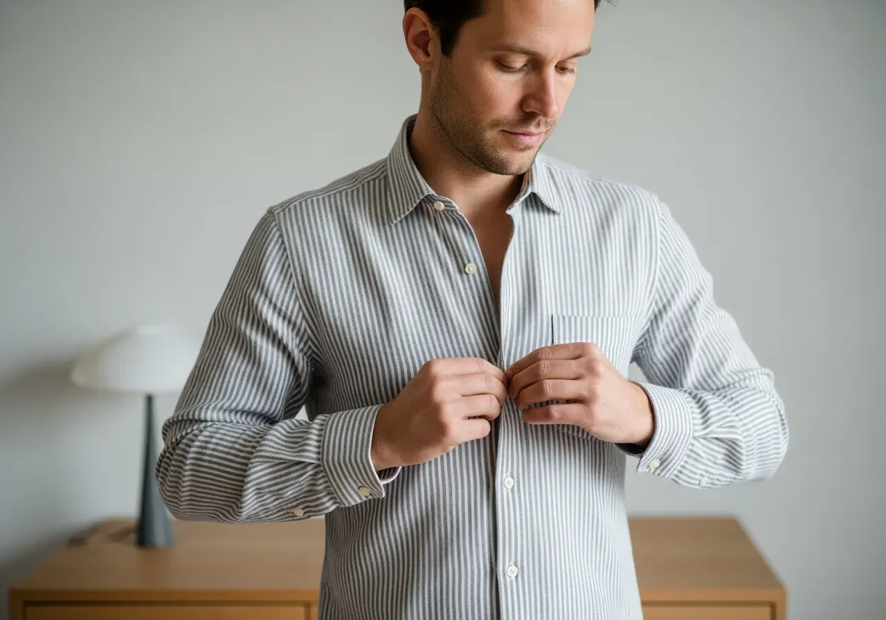 Person knäpper randig bomull lin skjorta