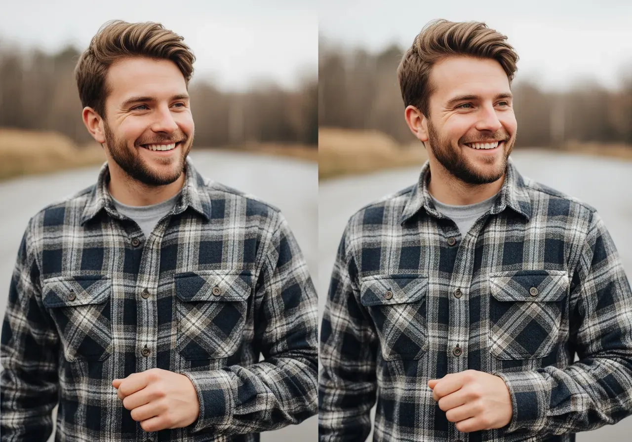 Han jämför flanellskjortor i olika väv