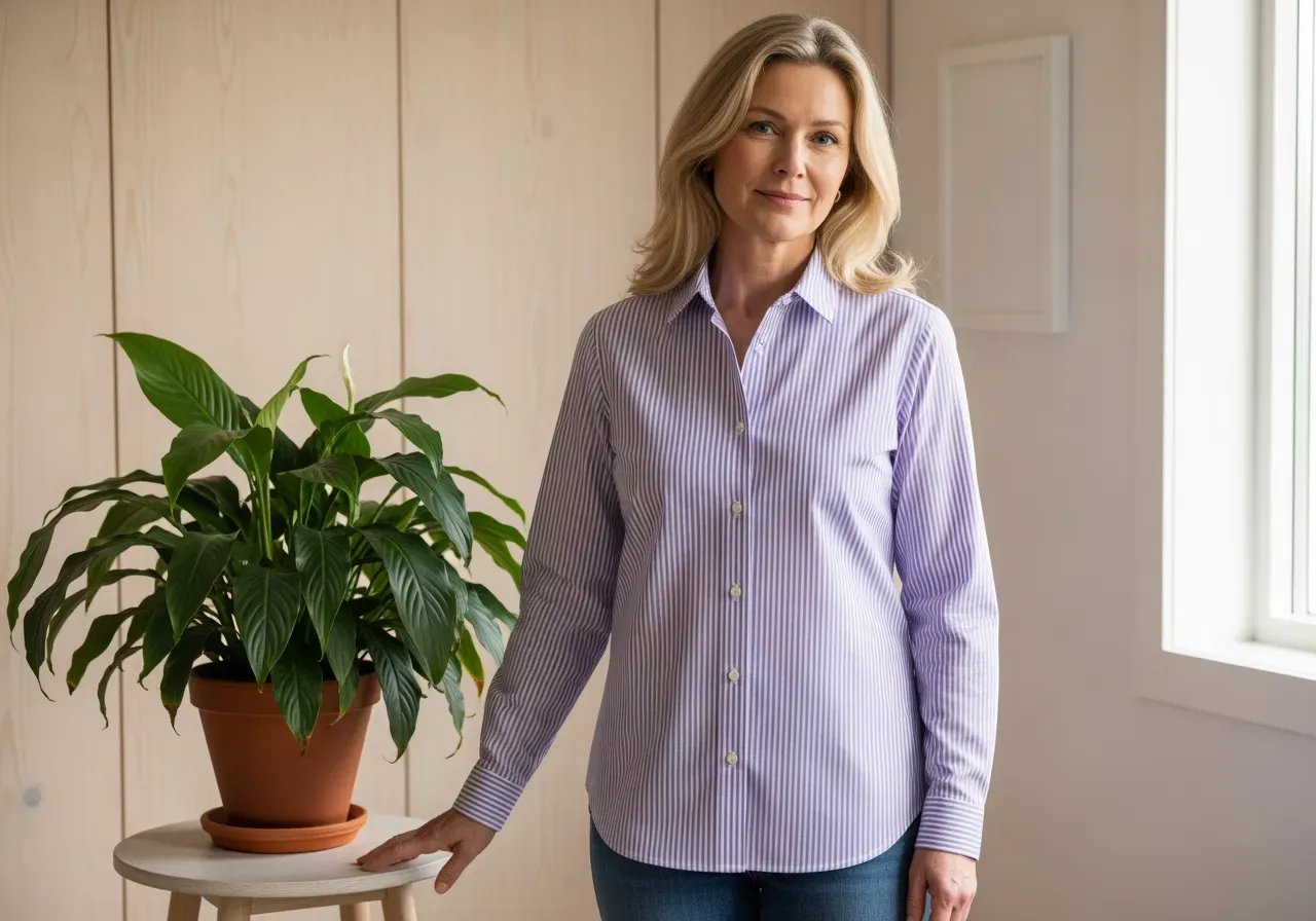 Hon bär violett randig poplinskjorta