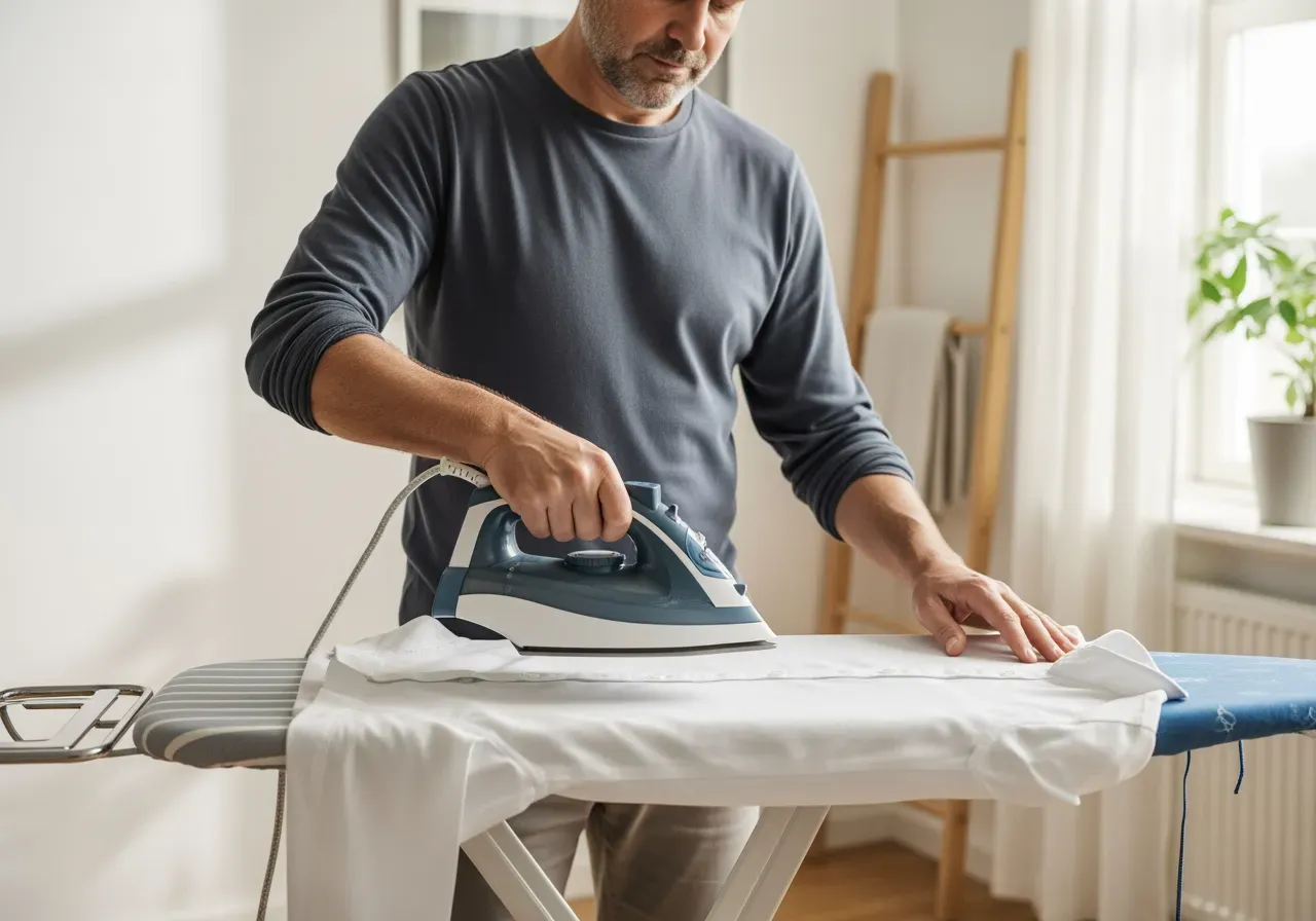 Han stryker vit bomullsskjorta i kypert