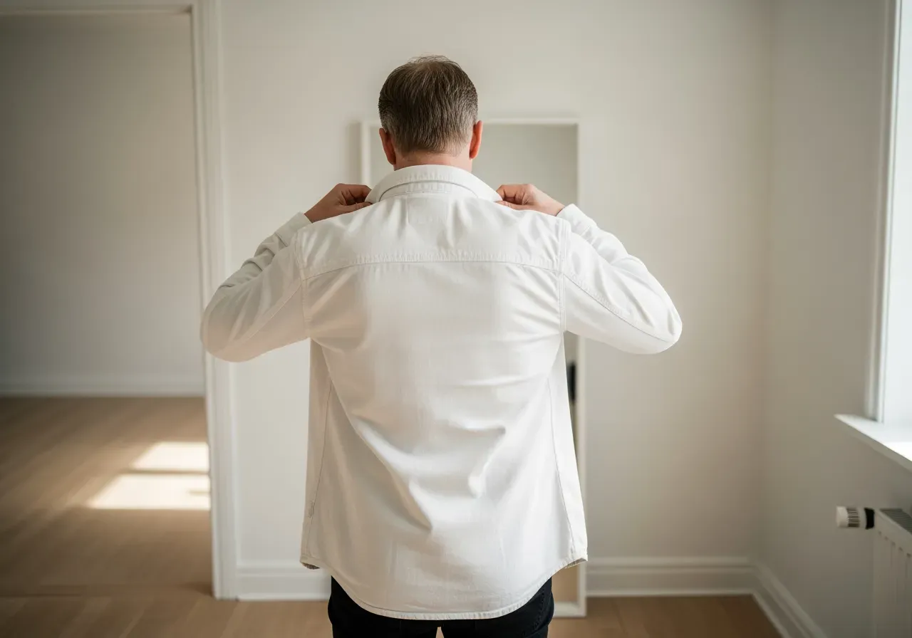 Person provar vit jeansskjorta