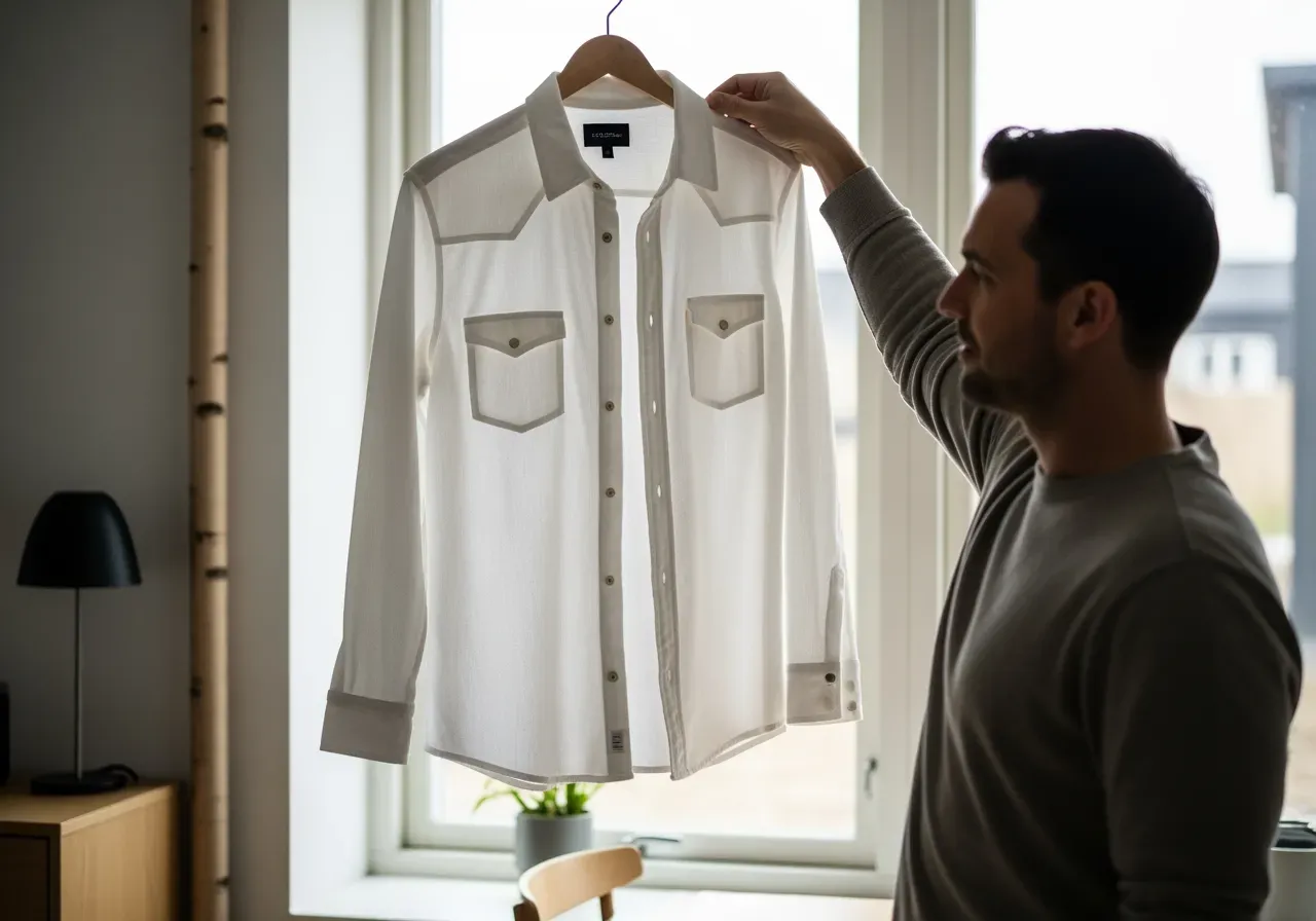 Person håller vit jeansskjorta mot ljuset