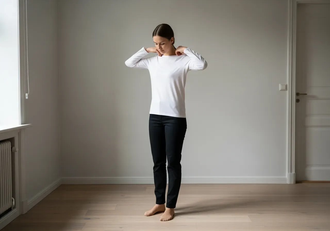 Hon provar vit skjorta i stretchpoplin