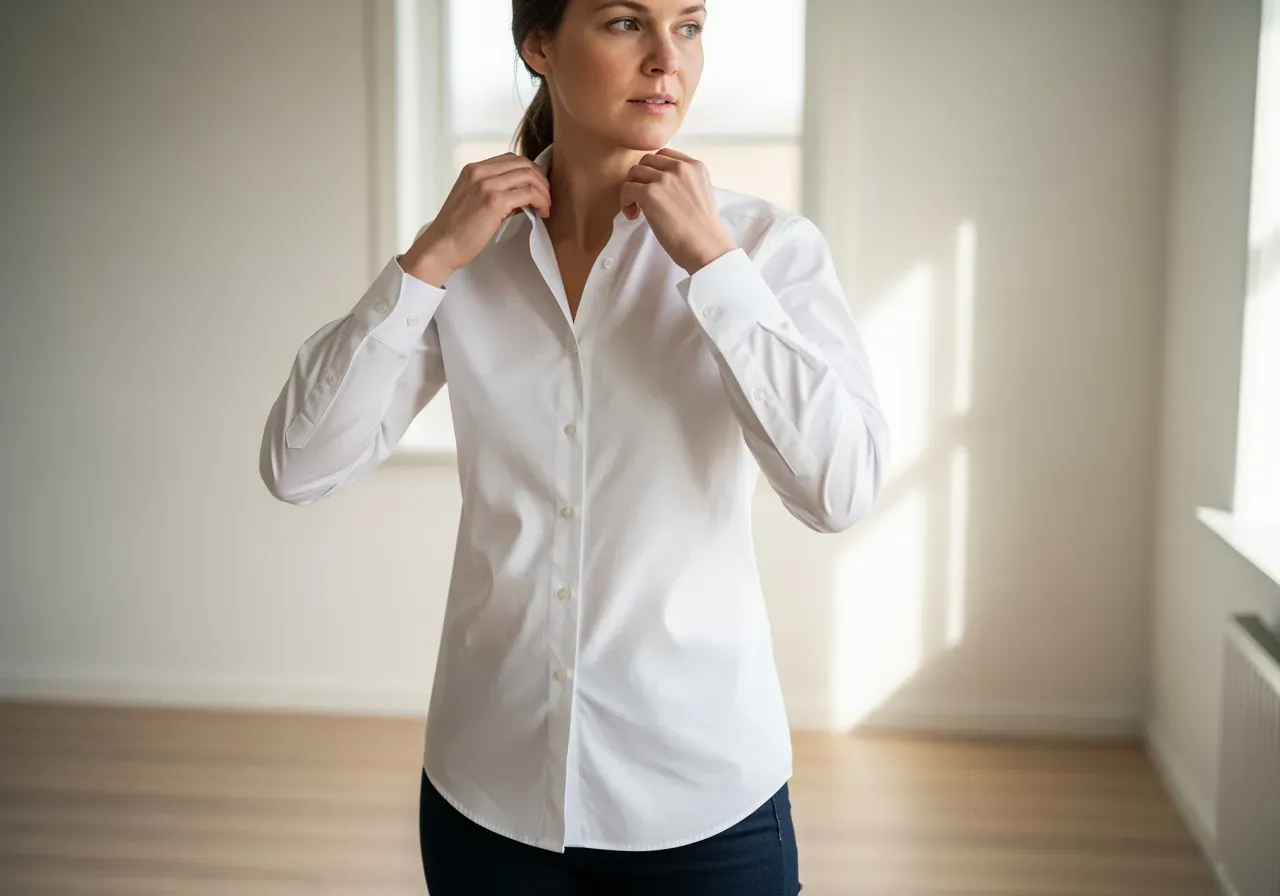 Hon provar vit bomullspoplin skjorta