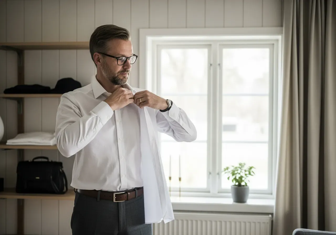 Han provar vit poplinskorta