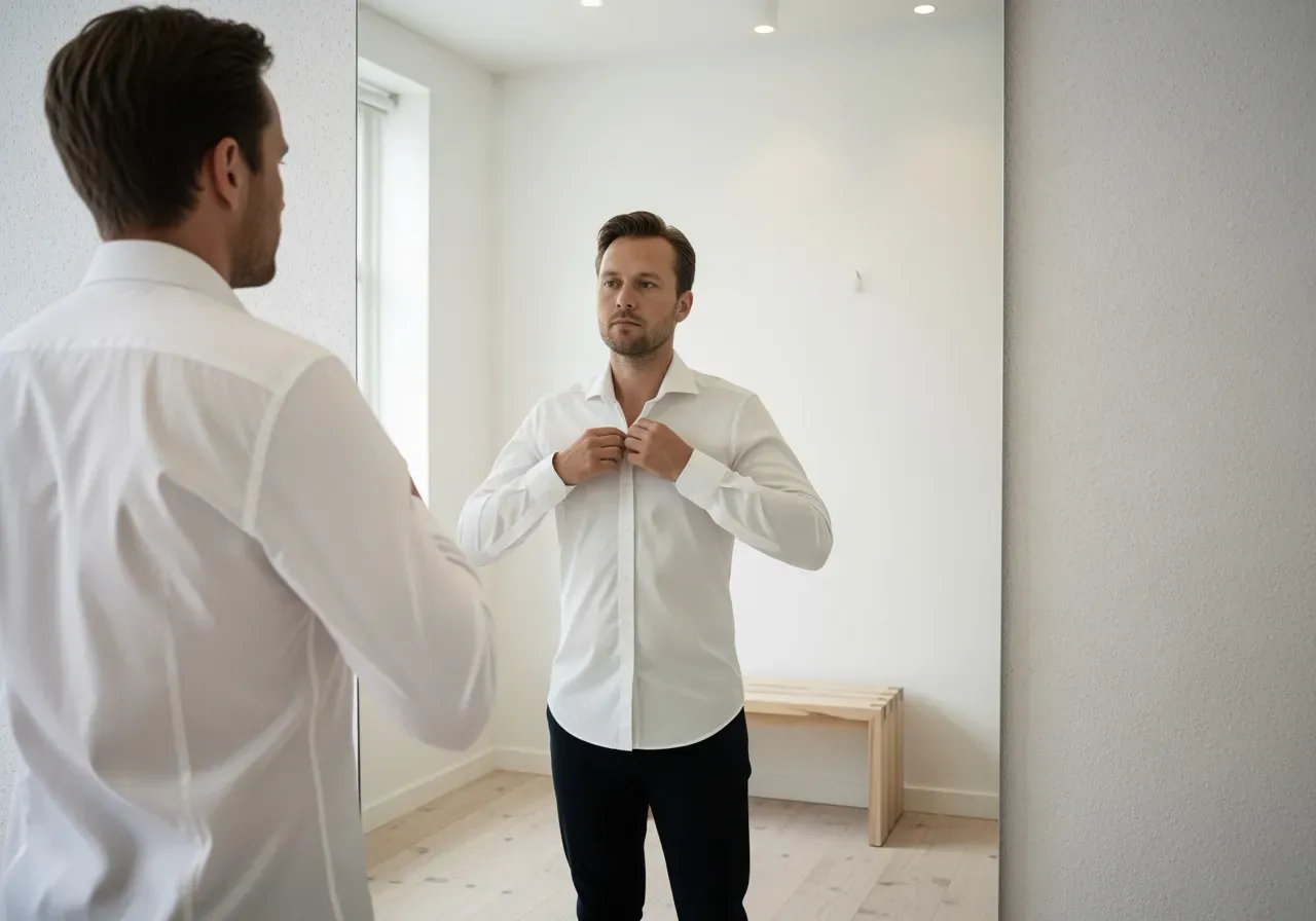 Han provar vit poplinskjorta i ljus