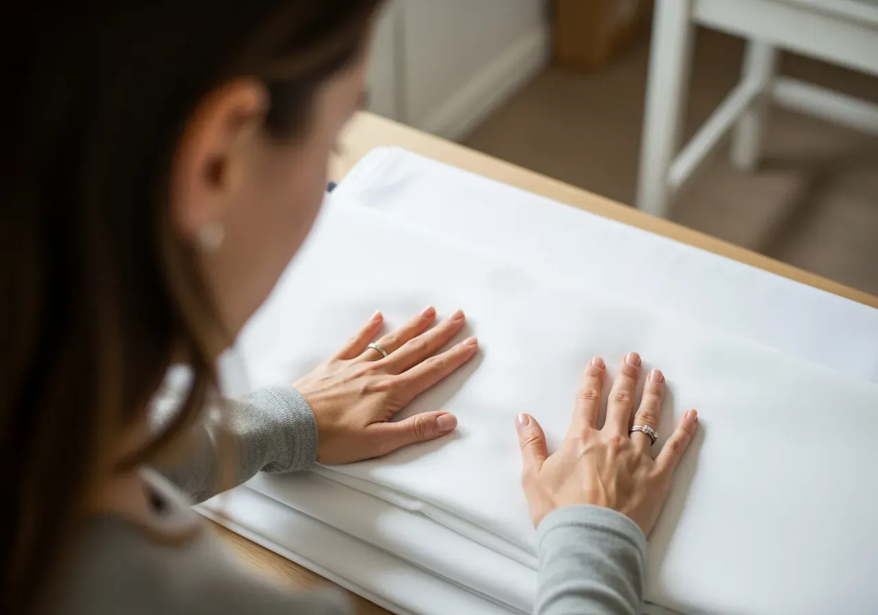 Hon känner på vit skjortkypert