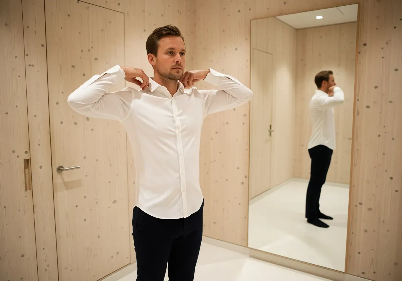 Person provar vit stretchpoplin skjorta