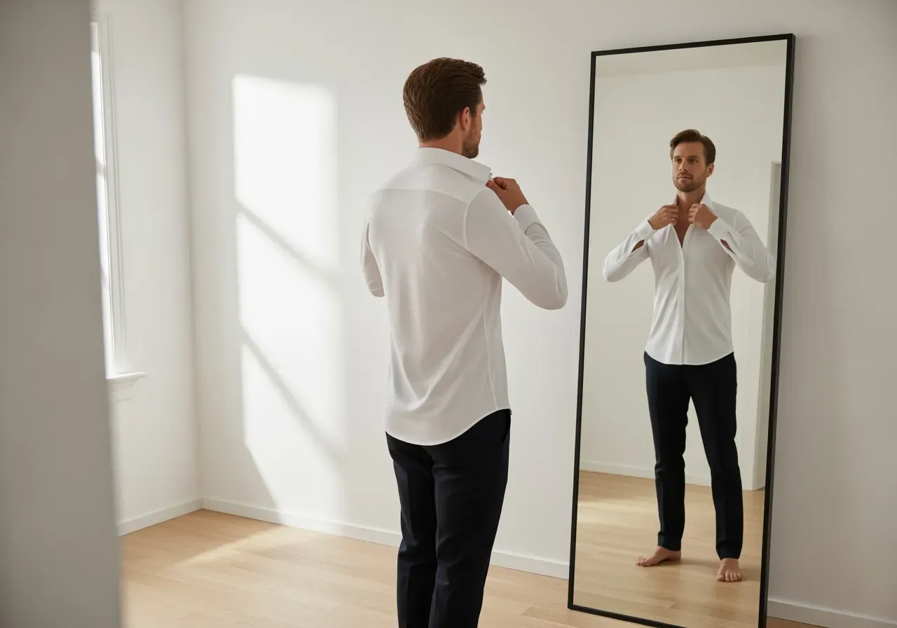 Person provar vit stretchskjorta