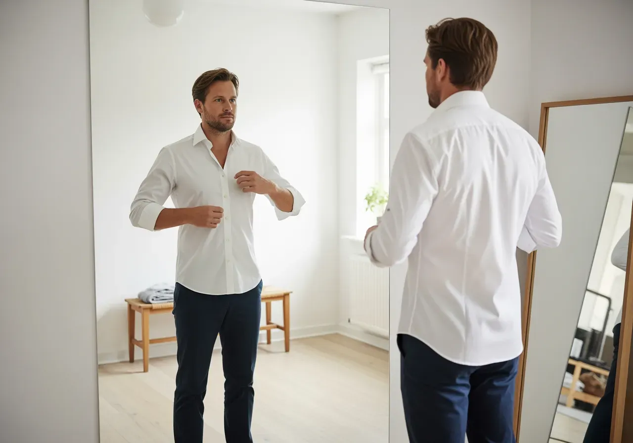 Person provar vit oxfordskjorta strykfri