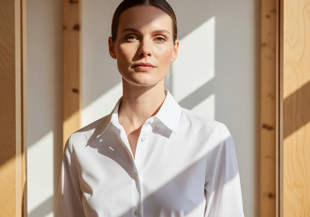 Hon bär vit poplinskjorta elegant