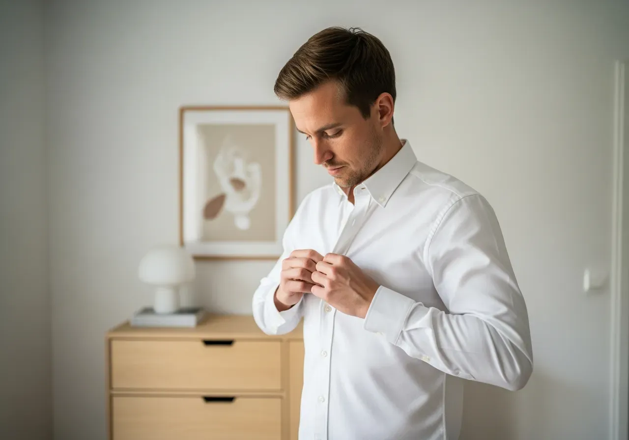 Han knäpper vit twillskjorta