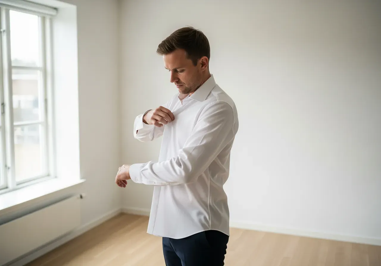 Han provar vit silkespoplin-skjorta